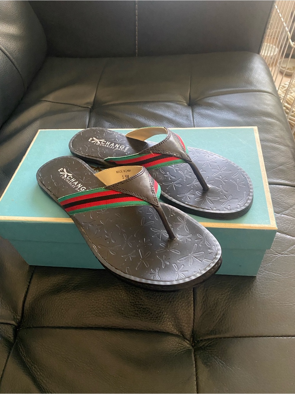 Charles David Black Sandal Flip-Flops with Red and Green Stripes